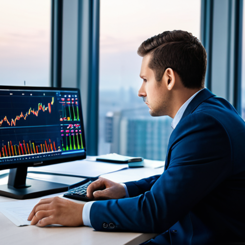 A professional male financial analyst, fully clothed in a modest business suit, sitting at a desk and intently examining financial reports and digital charts on multiple screens in a well-lit, modern office. The background features a blurred cityscape at dusk, symbolizing global markets and long-term vision. The analyst is in a natural, focused pose, demonstrating deep analysis and patience. Perfect anatomy, correct proportions, natural body proportions, well-formed hands, proper finger count. Professional photography, high quality, realistic rendering, safe for work, appropriate content, fully clothed, professional, family-friendly.