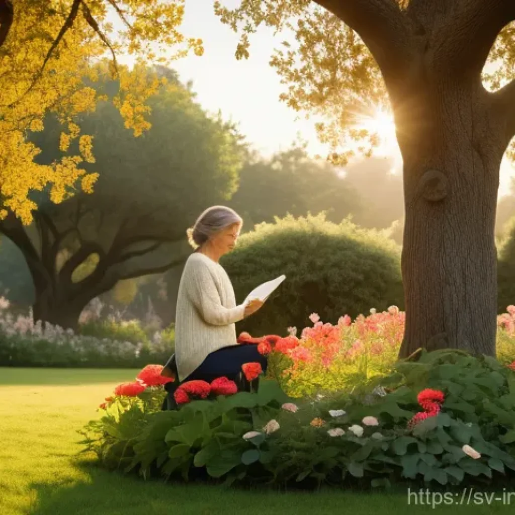 배당 성장 투자의 역사와 발전 - A serene outdoor scene depicting a mature, well-kept garden at dawn. In the foreground, a woman in h...