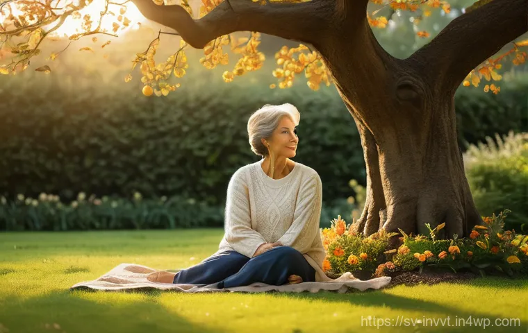 배당 성장 투자의 역사와 발전 - A serene outdoor scene depicting a mature, well-kept garden at dawn. In the foreground, a woman in h... 배당 성장 투자의 역사와 발전 - A serene outdoor scene depicting a mature, well-kept garden at dawn. In the foreground, a woman in h...