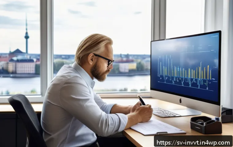 배당 성장 투자와 개인 투자자의 역할 - A detailed and realistic office scene showing a Swedish investor analyzing dividend stocks on multip...