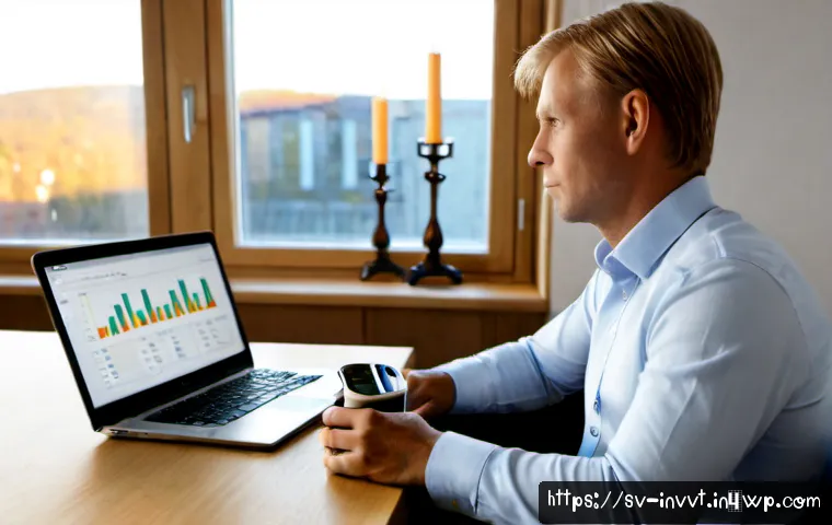 Home 17 배당 성장 투자와 기술적 지표 - Photorealistic Scandinavian home office scene, a middle-aged Swedish investor reviewing dividend gro...